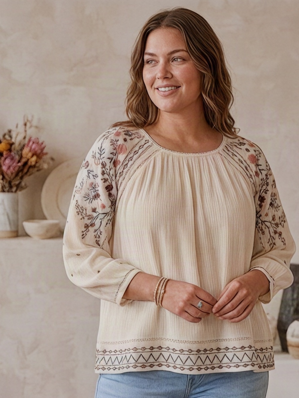 Knox Rose Cream Peasant Tunic with Floral Embroidery